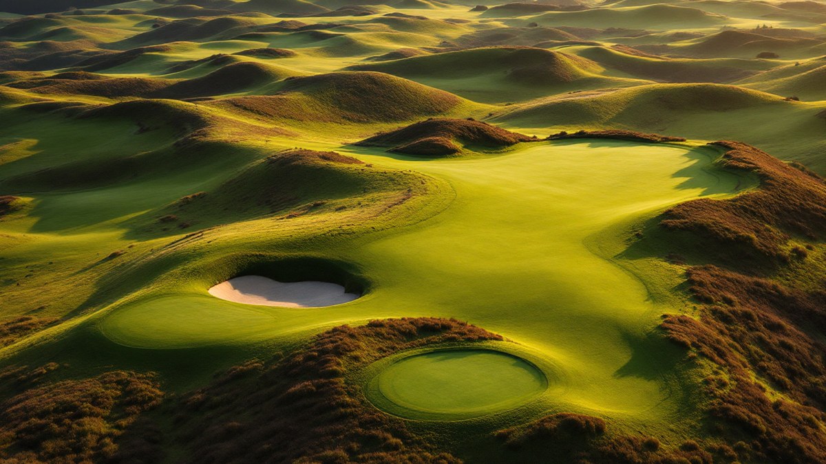 A fairway following the folds of heathland, seen from above at golden hour